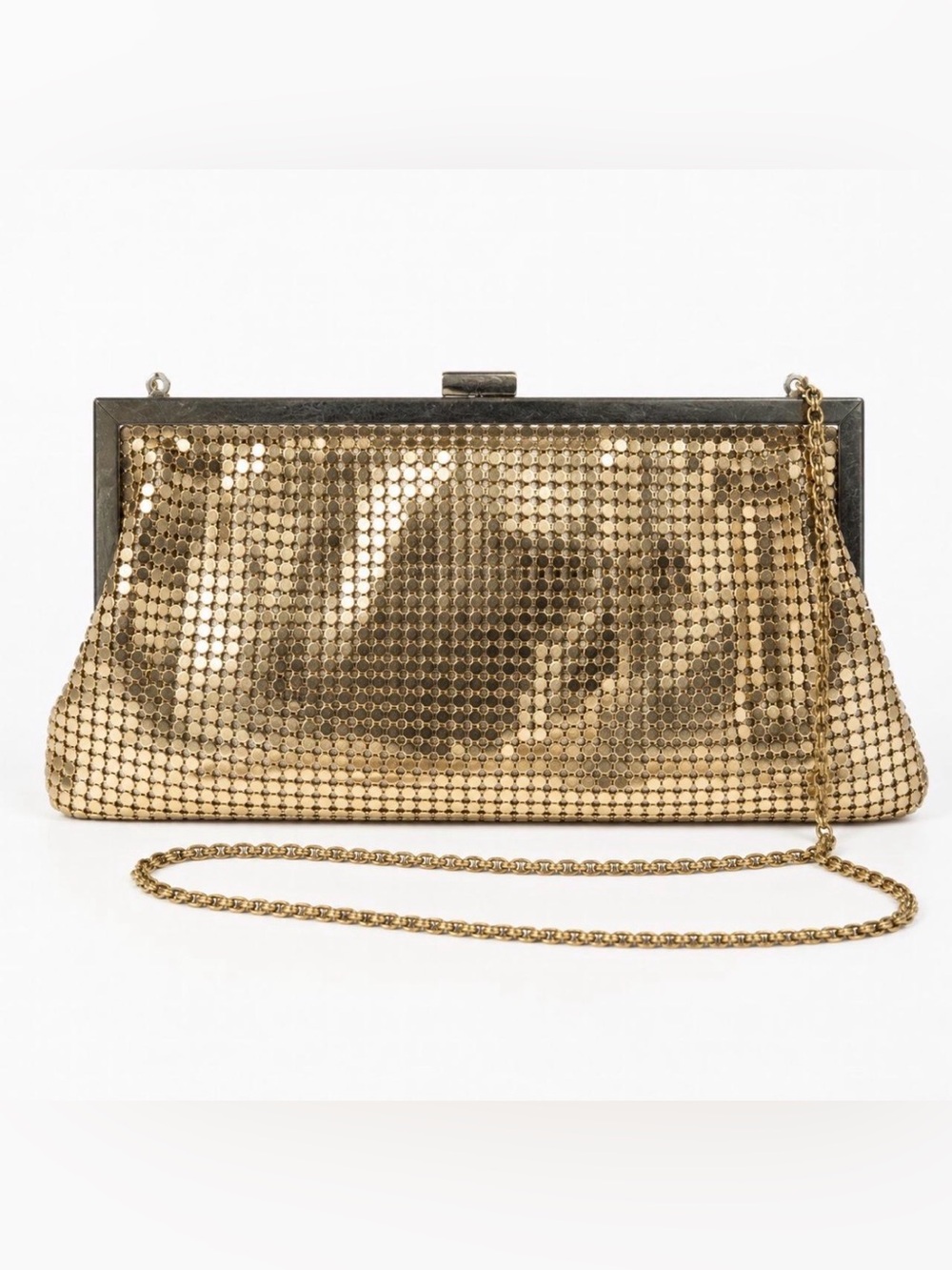 Vintage Gold Metal Mesh Clutch Evening Bag Chain Strap Disco Purse Prom Y2k sm